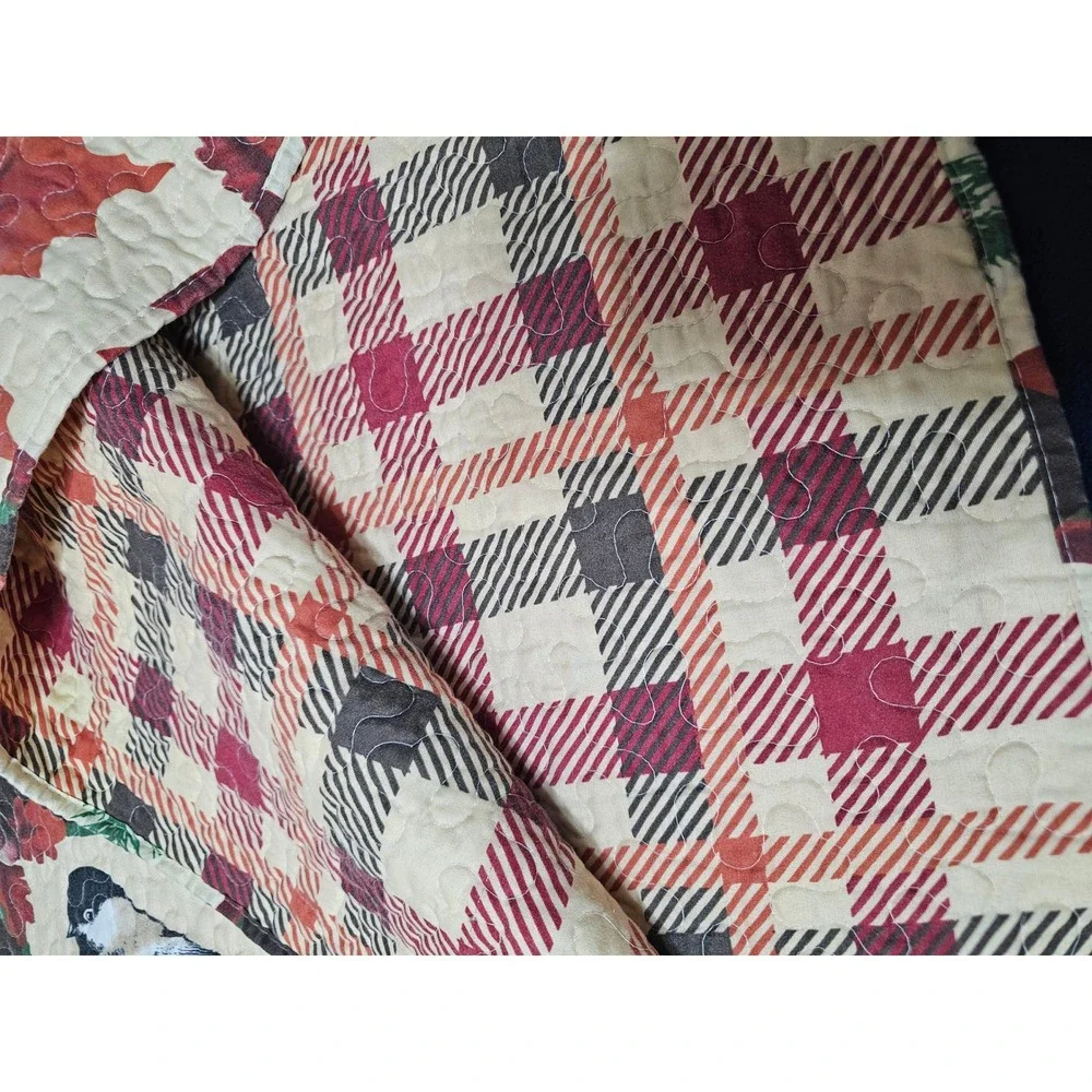 Rustic Chickadee Pinecone Reversible Quilt Set Red Plaid King 102x86 3pc Lodge